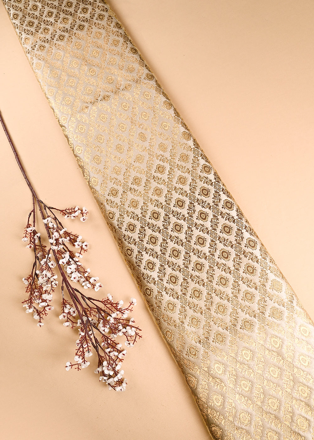 Light Beige Banarasi Brocade Fabric With All Over Thread And Zari Handloom 23847