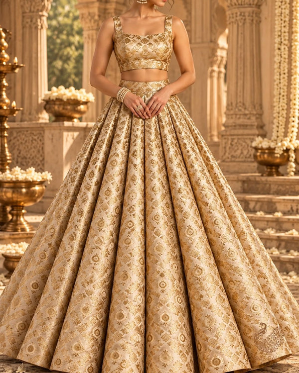 Light Beige Banarasi Brocade Fabric With All Over Thread And Zari Handloom 23847