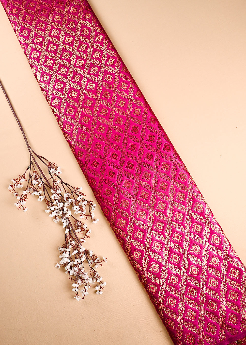 Rani Pink Banarasi Brocade Fabric With All Over Thread And Zari Handloom 23849