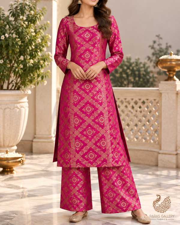 Rani Pink Banarasi Brocade Fabric With All Over Thread And Zari Handloom 23849