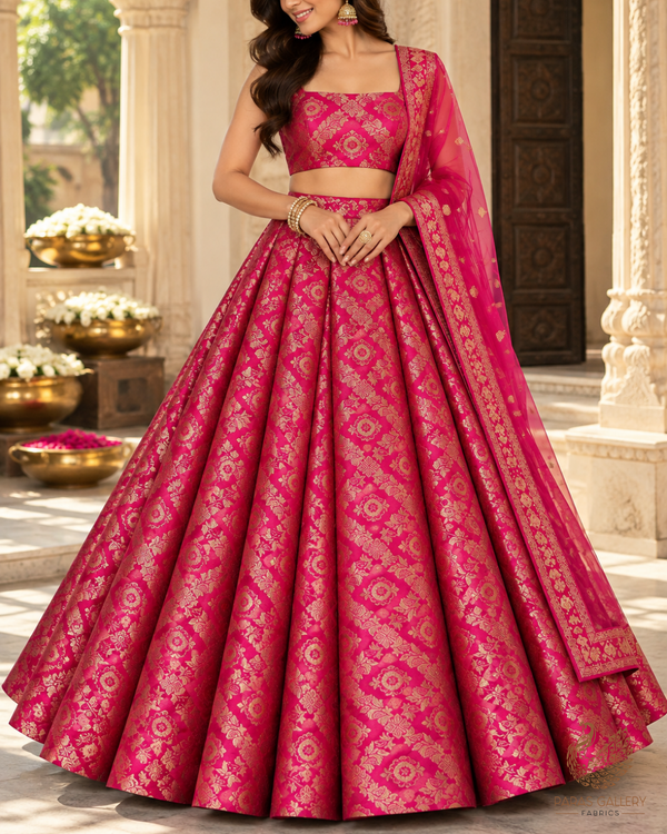 Rani Pink Banarasi Brocade Fabric With All Over Thread And Zari Handloom 23849