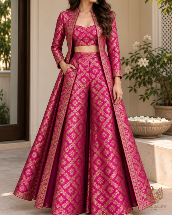 Rani Pink Banarasi Brocade Fabric With All Over Thread And Zari Handloom 23849