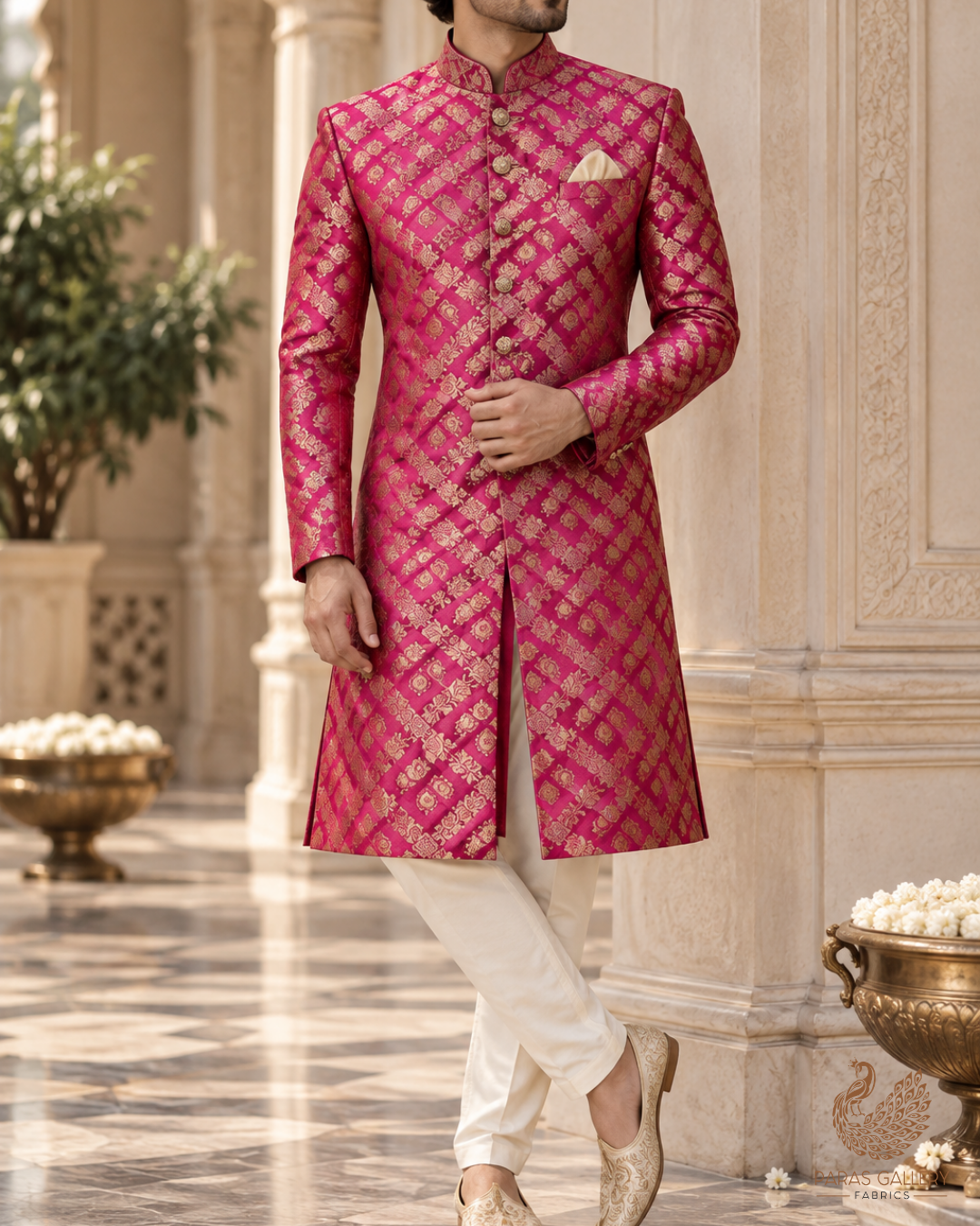 Rani Pink Banarasi Brocade Fabric With All Over Thread And Zari Handloom 23849