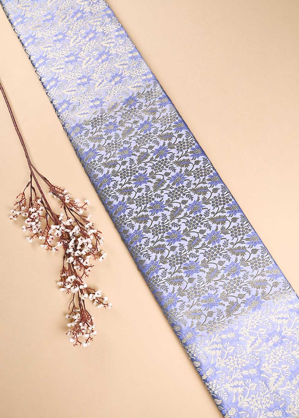 Powder Blue Banarasi Brocade Fabric With All Over Thread And Golden Zari Handloom 23850