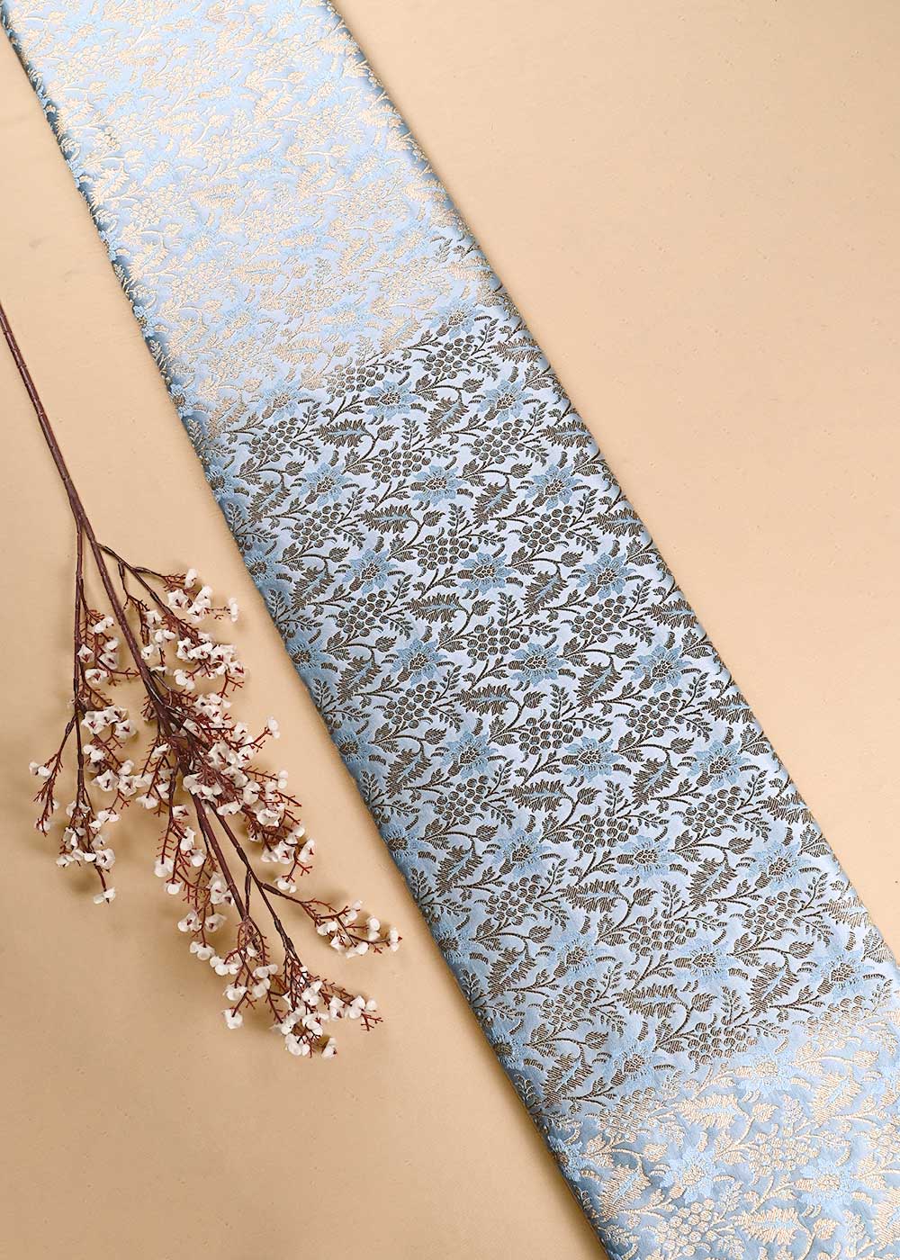 Ice Blue Banarasi Brocade Fabric With All Over Thread And Golden Zari Handloom 23851