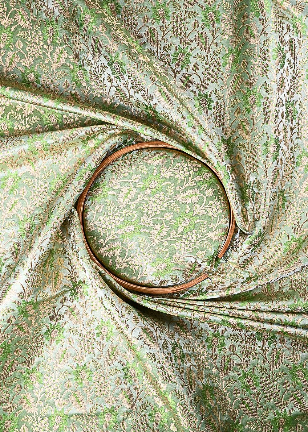 Mint Green Banarasi Brocade Fabric With All Over Thread And Golden Zari Handloom 23852