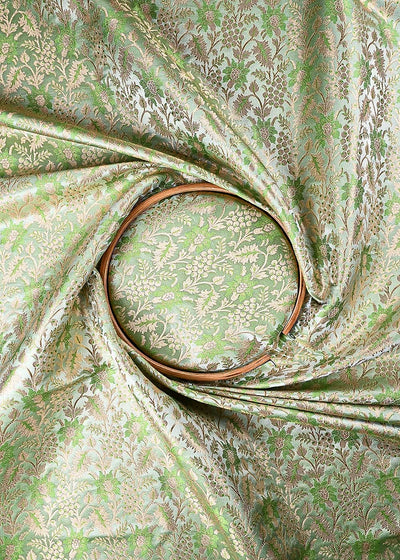 Mint Green Banarasi Brocade Fabric With All Over Thread And Golden Zari Handloom 23852