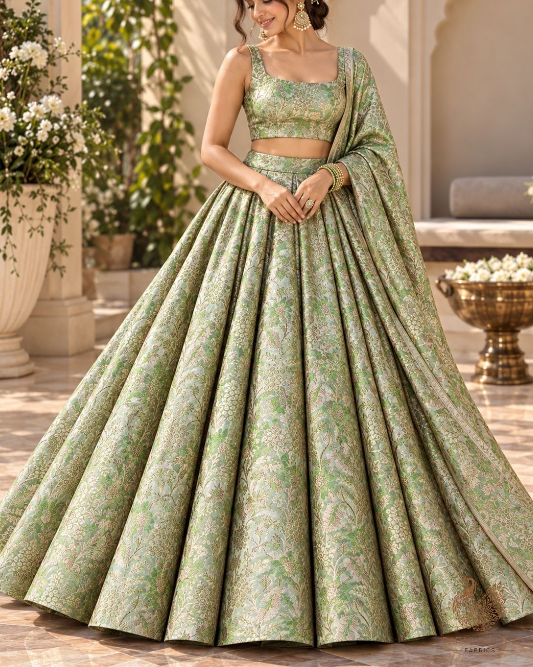 Mint Green Banarasi Brocade Fabric With All Over Thread And Golden Zari Handloom 23852