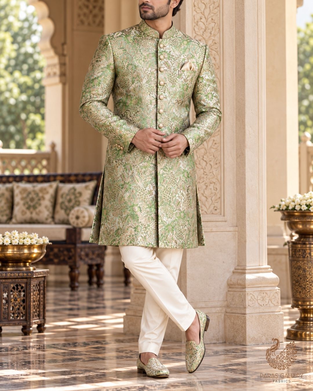 Mint Green Banarasi Brocade Fabric With All Over Thread And Golden Zari Handloom 23852