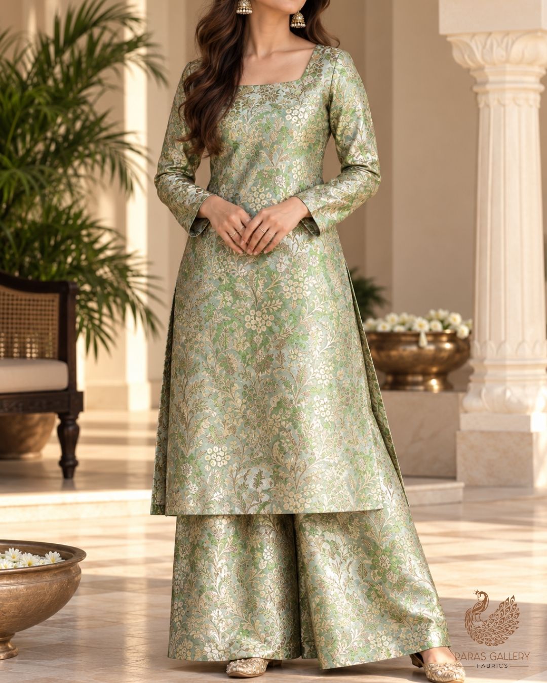 Mint Green Banarasi Brocade Fabric With All Over Thread And Golden Zari Handloom 23852