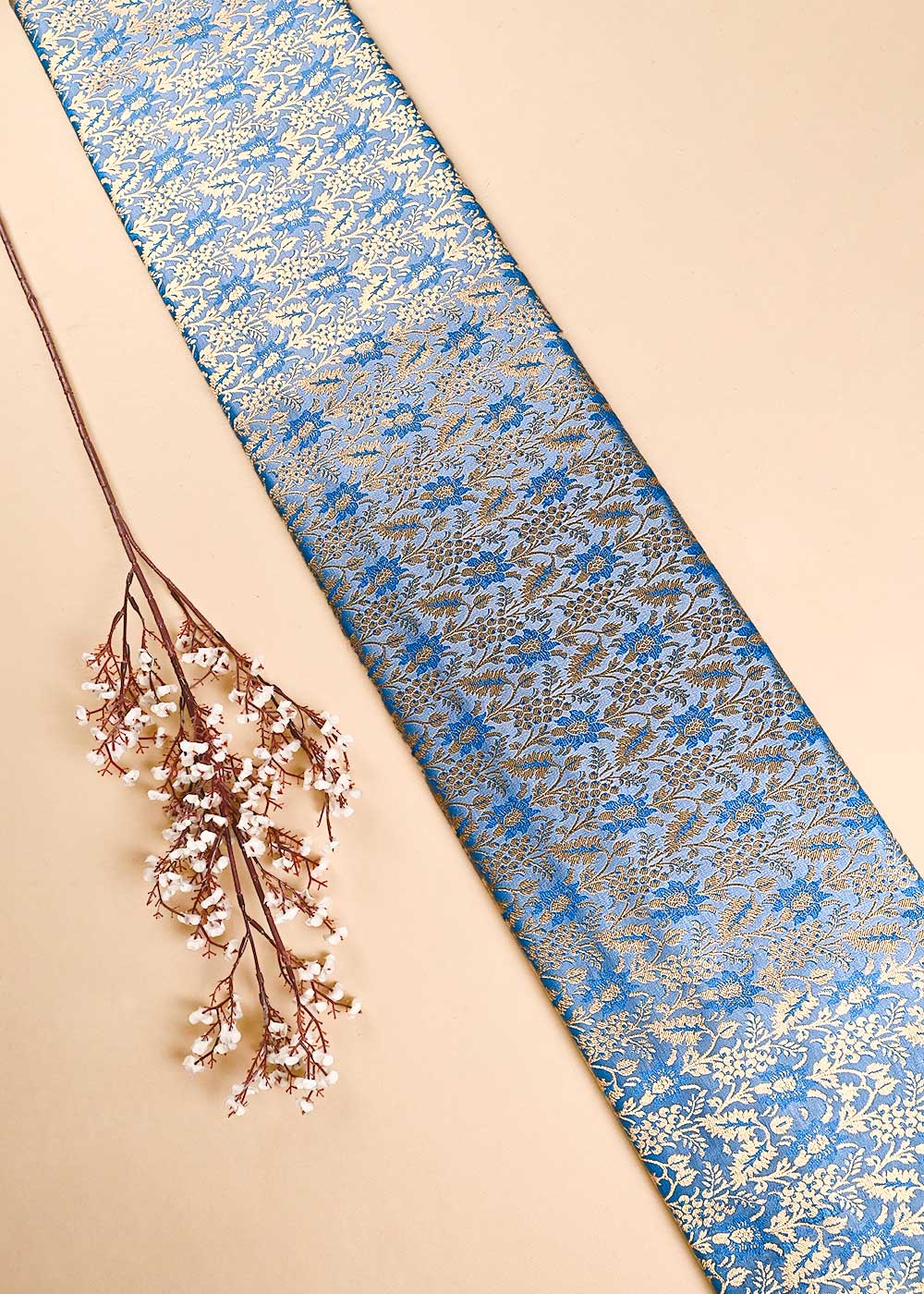 Light Blue Banarasi Brocade Fabric With All Over Thread And Golden Zari Handloom 23854