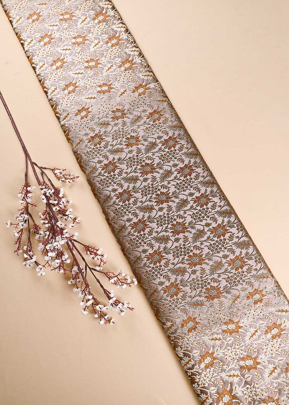 Almond Brown Banarasi Brocade Fabric With All Over Thread And Golden Zari Handloom 23855