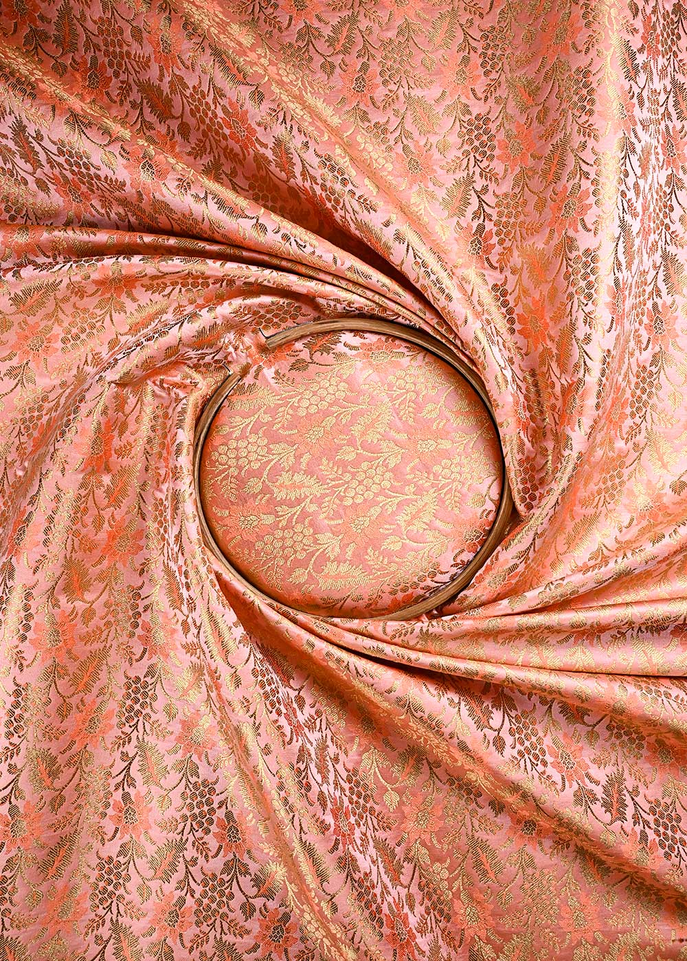 Peach Banarasi Brocade Fabric With All Over Thread And Golden Zari Handloom 23856