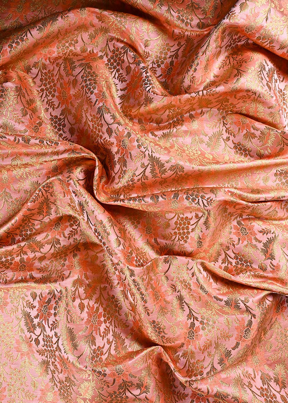 Peach Banarasi Brocade Fabric With All Over Thread And Golden Zari Handloom 23856