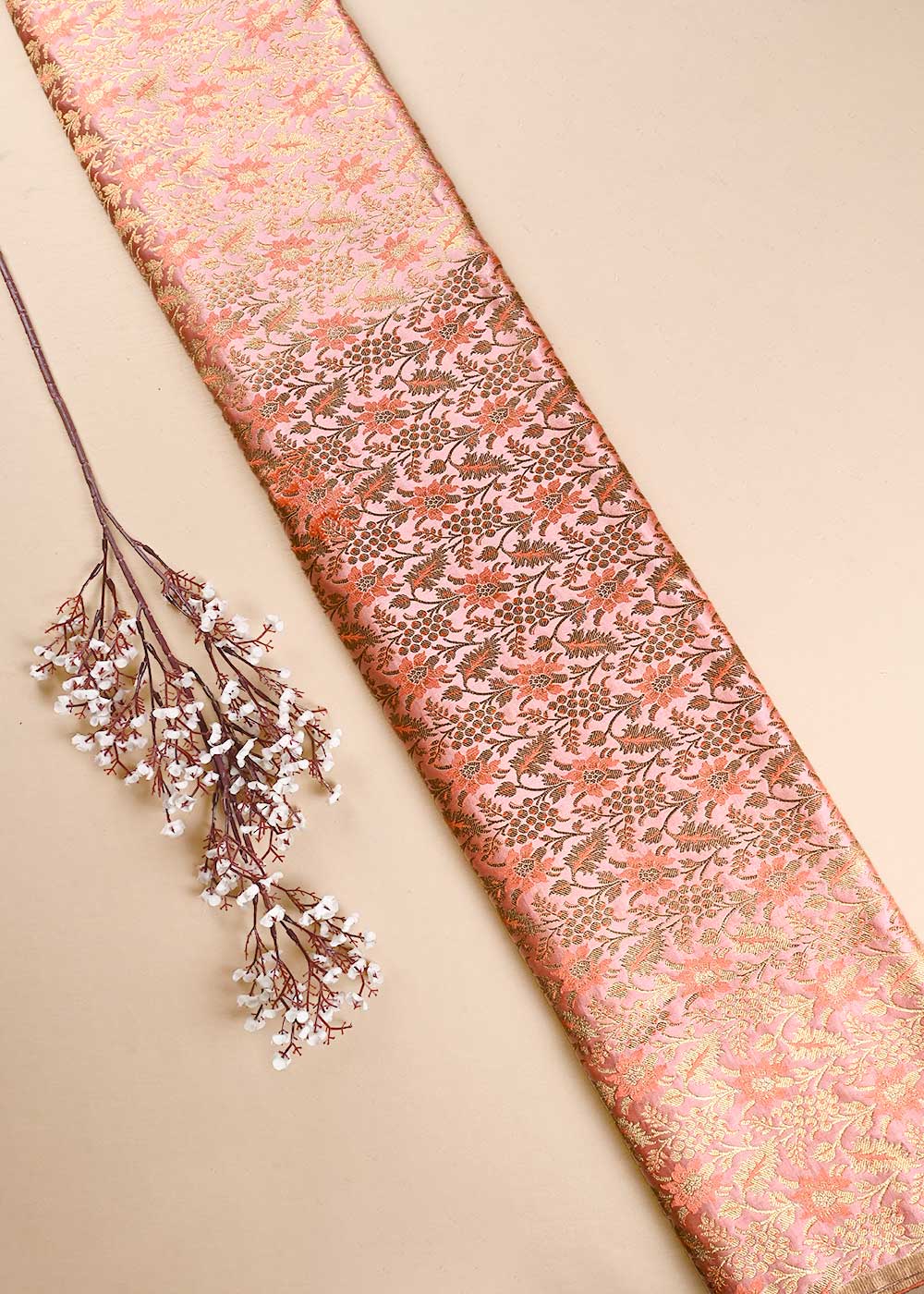 Peach Banarasi Brocade Fabric With All Over Thread And Golden Zari Handloom 23856
