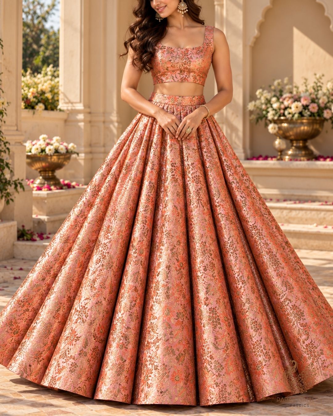 Peach Banarasi Brocade Fabric With All Over Thread And Golden Zari Handloom 23856