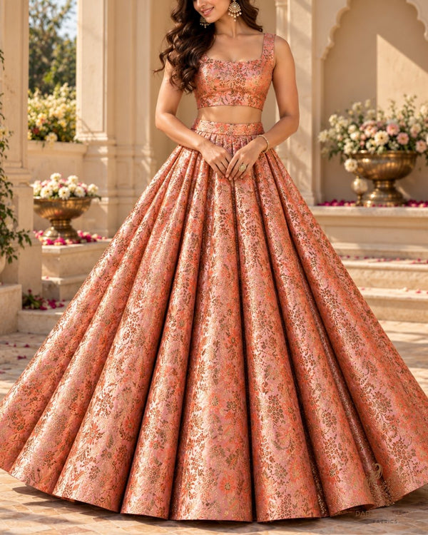 Peach Banarasi Brocade Fabric With All Over Thread And Golden Zari Handloom 23856