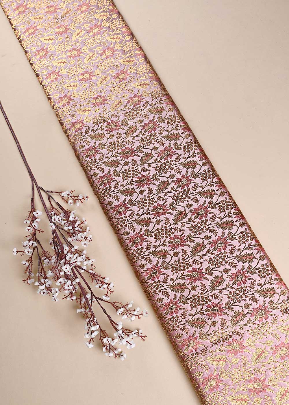 Blush Pink Banarasi Brocade Fabric With All Over Thread And Golden Zari Handloom 23857