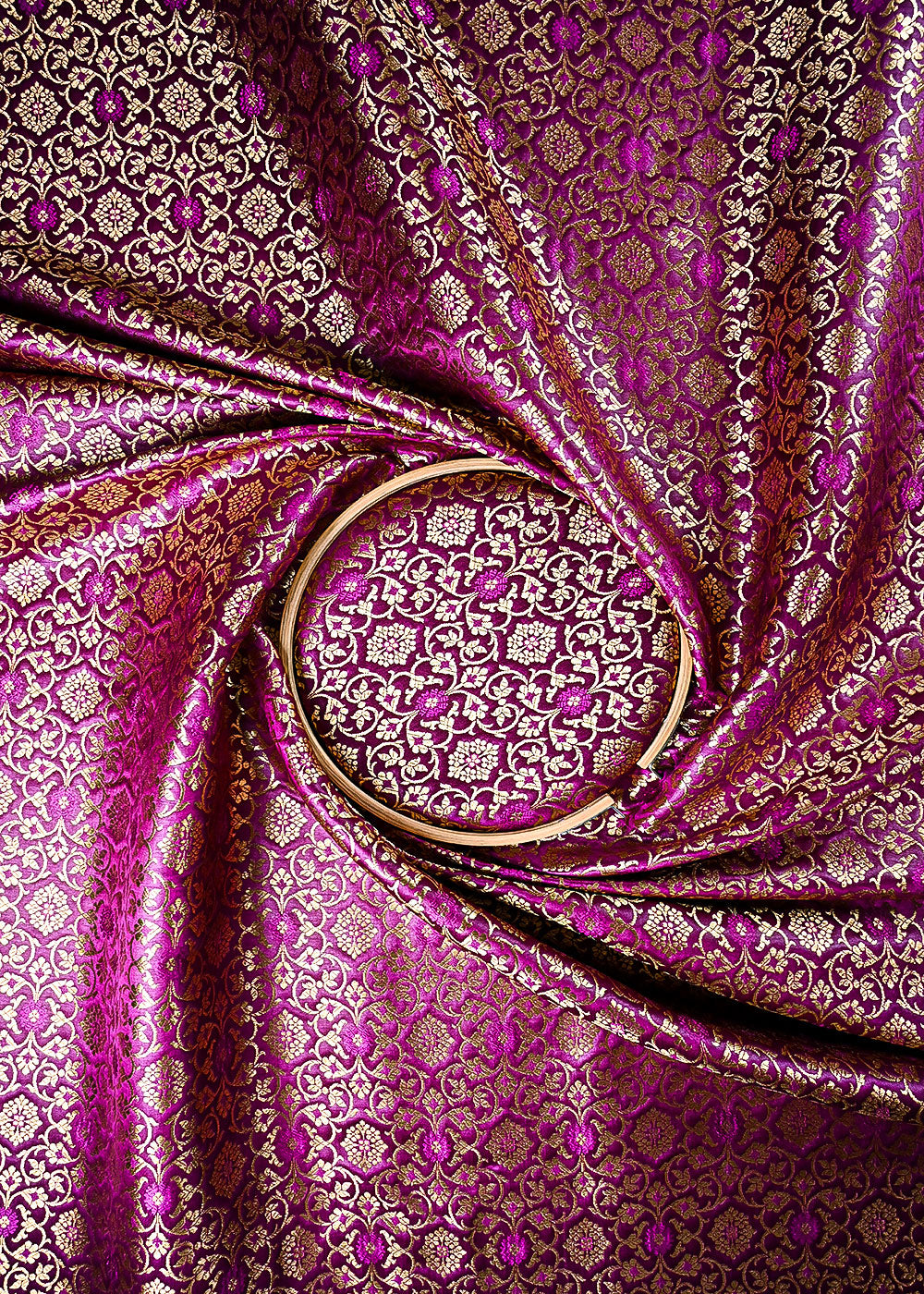 Purple Banarasi Brocade Fabric With All Over Thread And Golden Zari Handloom 23858