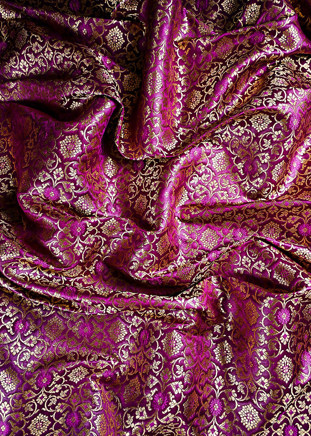 Purple Banarasi Brocade Fabric With All Over Thread And Golden Zari Handloom 23858