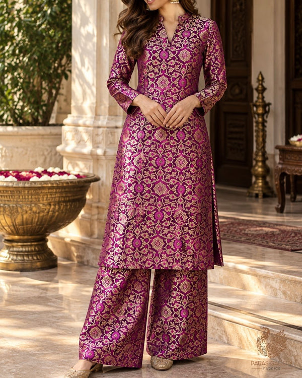 Purple Banarasi Brocade Fabric With All Over Thread And Golden Zari Handloom 23858