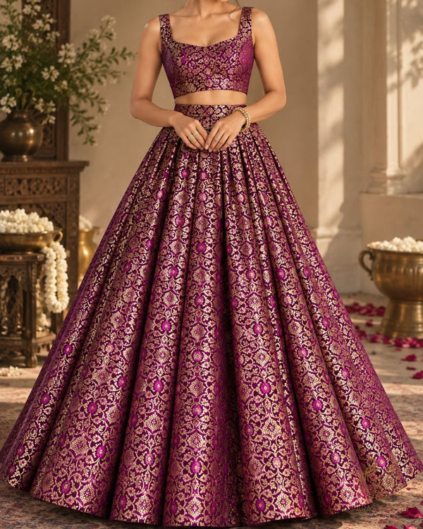 Purple Banarasi Brocade Fabric With All Over Thread And Golden Zari Handloom 23858