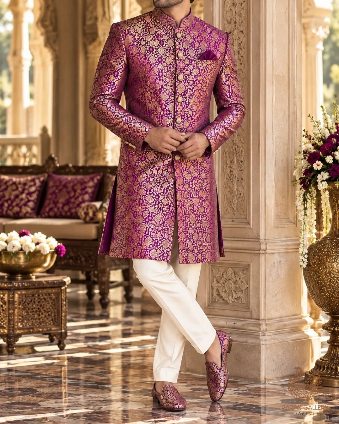 Purple Banarasi Brocade Fabric With All Over Thread And Golden Zari Handloom 23858