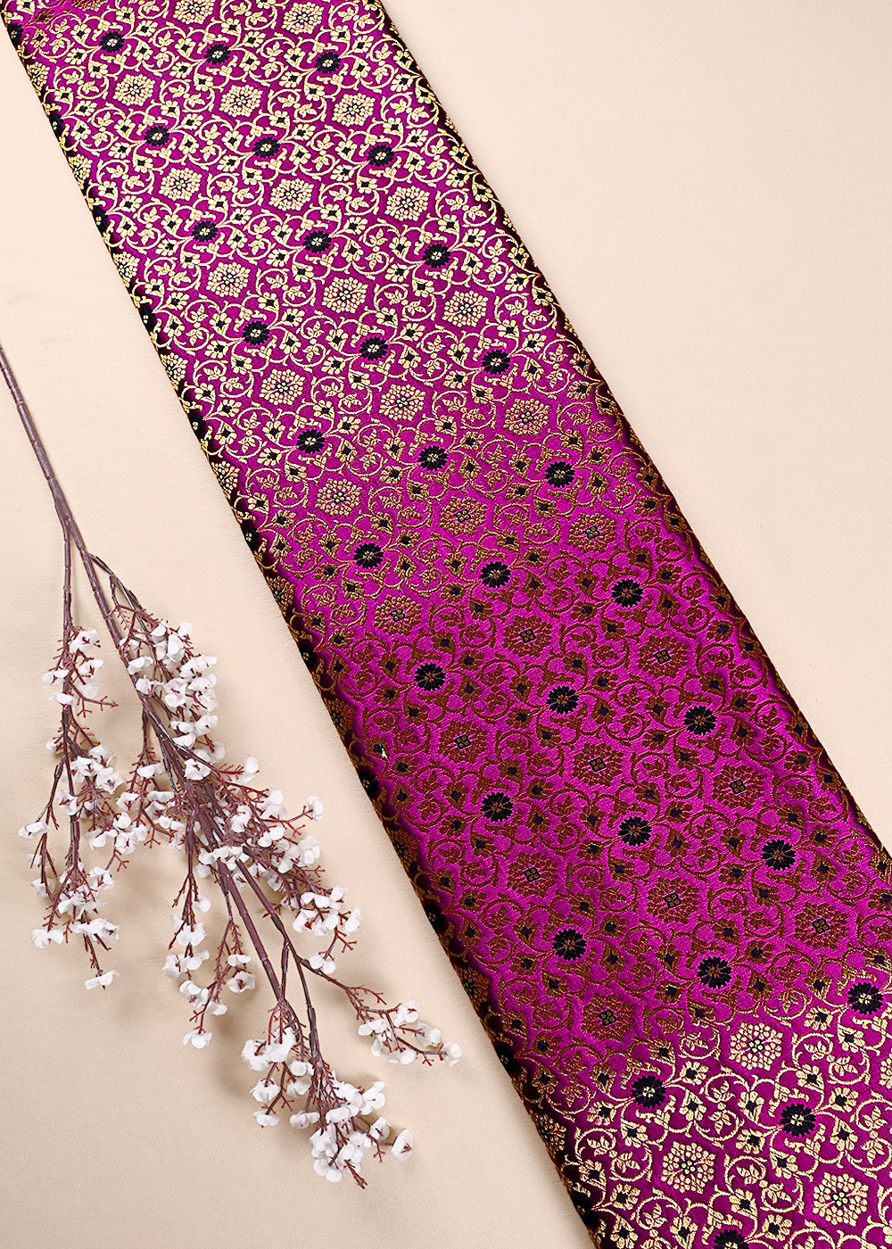 Purple Banarasi Brocade Fabric With All Over Thread And Golden Zari Handloom 23859