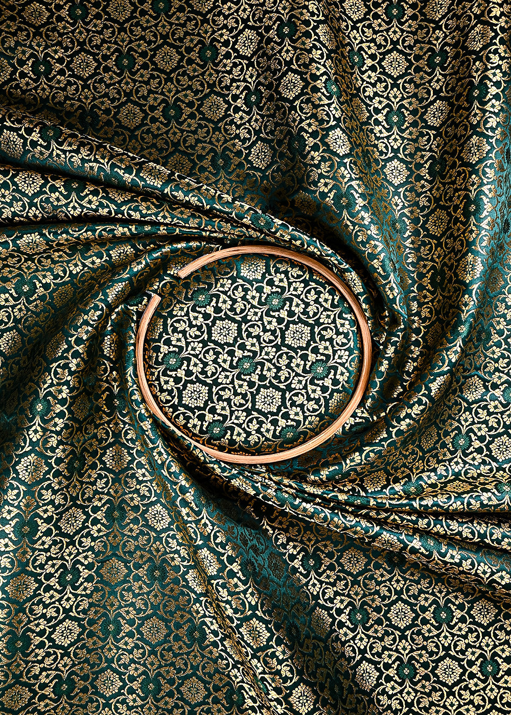 Teal Green Banarasi Brocade Fabric With All Over Thread And Golden Zari Handloom 23860