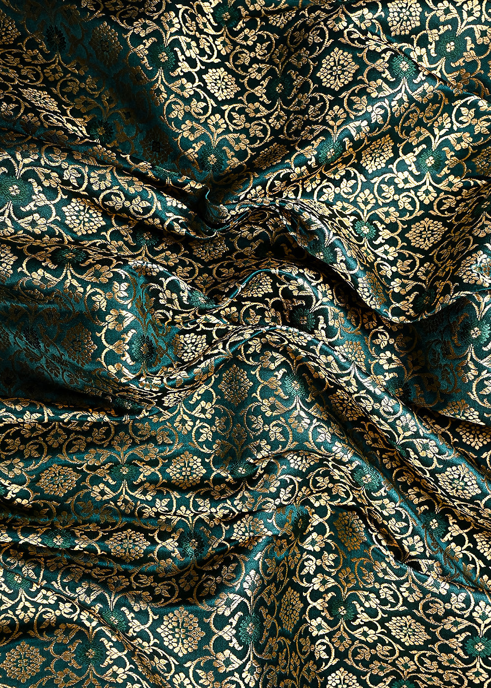Teal Green Banarasi Brocade Fabric With All Over Thread And Golden Zari Handloom 23860
