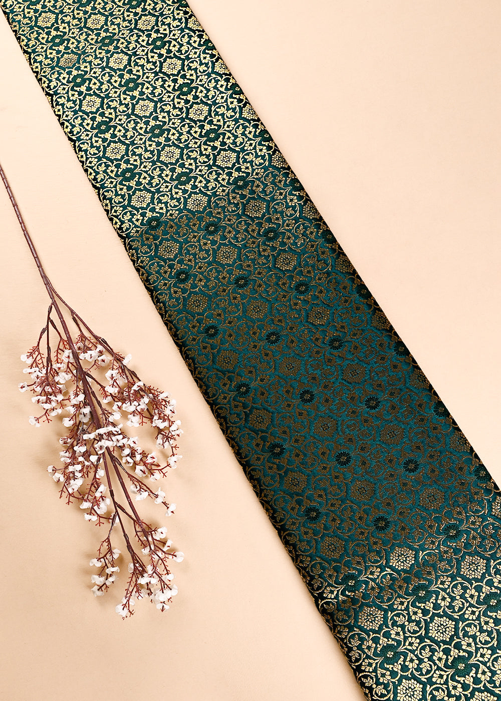 Teal Green Banarasi Brocade Fabric With All Over Thread And Golden Zari Handloom 23860