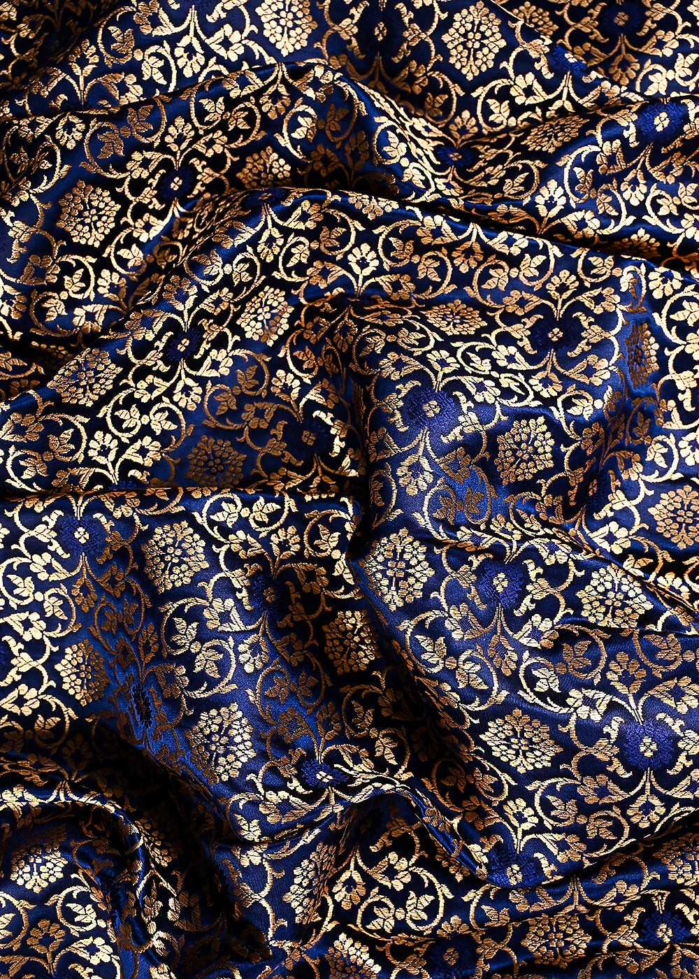 Navy Blue Banarasi Brocade Fabric With All Over Thread And Golden Zari Handloom 23861