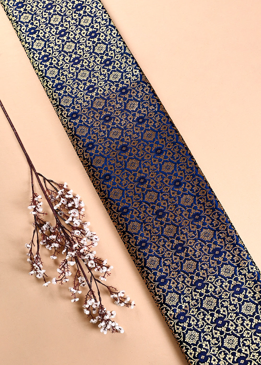 Navy Blue Banarasi Brocade Fabric With All Over Thread And Golden Zari Handloom 23861