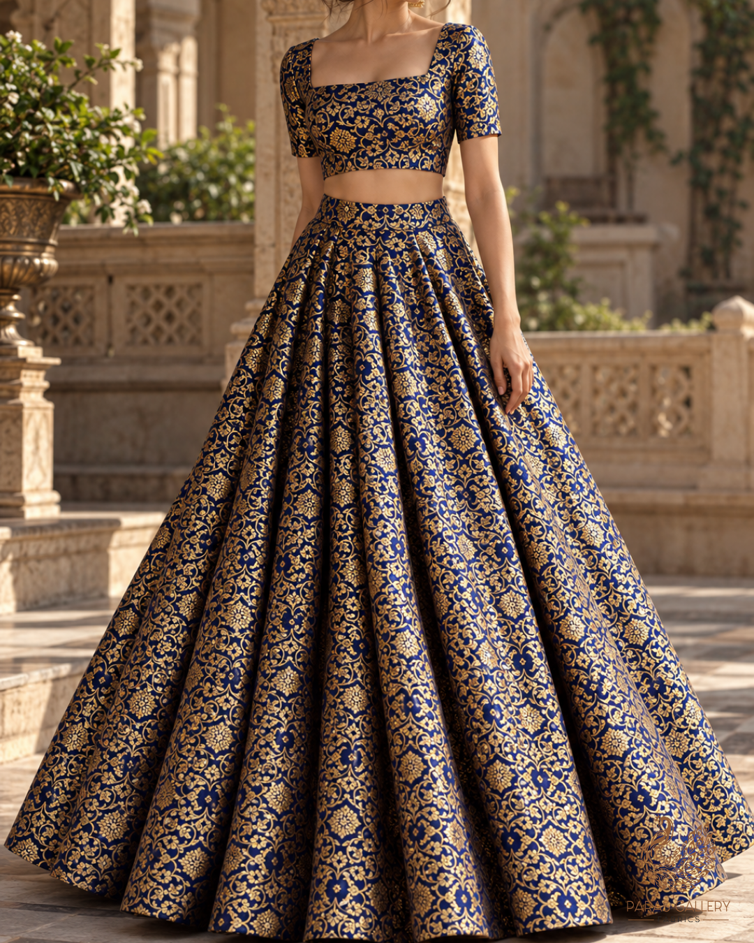Navy Blue Banarasi Brocade Fabric With All Over Thread And Golden Zari Handloom 23861