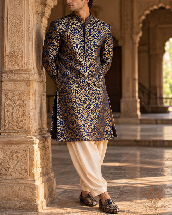 Navy Blue Banarasi Brocade Fabric With All Over Thread And Golden Zari Handloom 23861