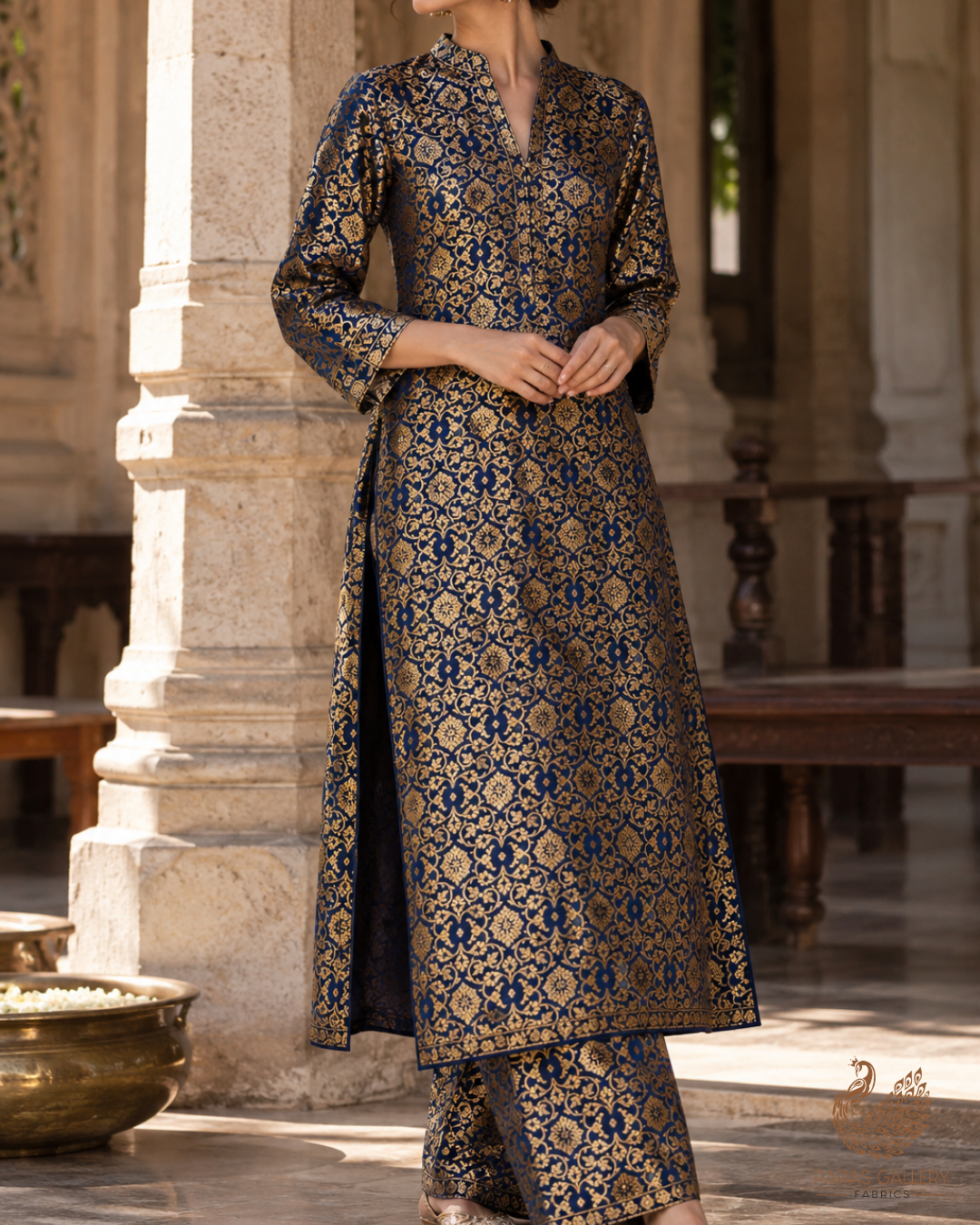 Navy Blue Banarasi Brocade Fabric With All Over Thread And Golden Zari Handloom 23861