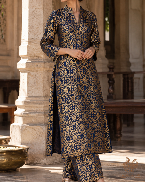 Navy Blue Banarasi Brocade Fabric With All Over Thread And Golden Zari Handloom 23861
