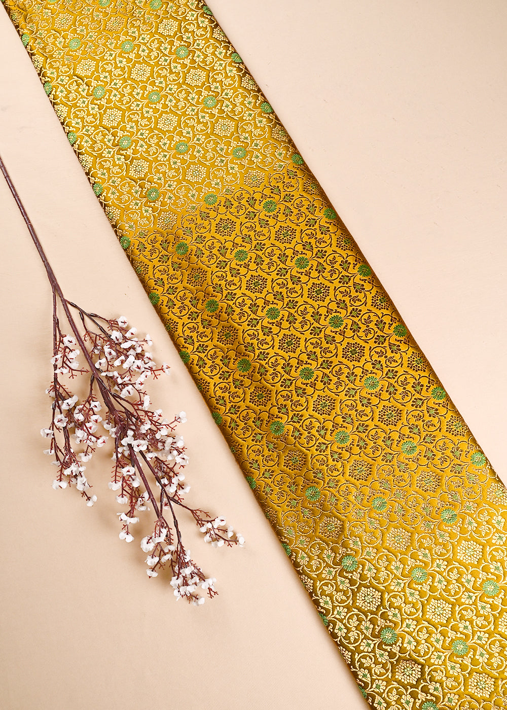 Mustard Banarasi Brocade Fabric With All Over Thread And Golden Zari Handloom 23862
