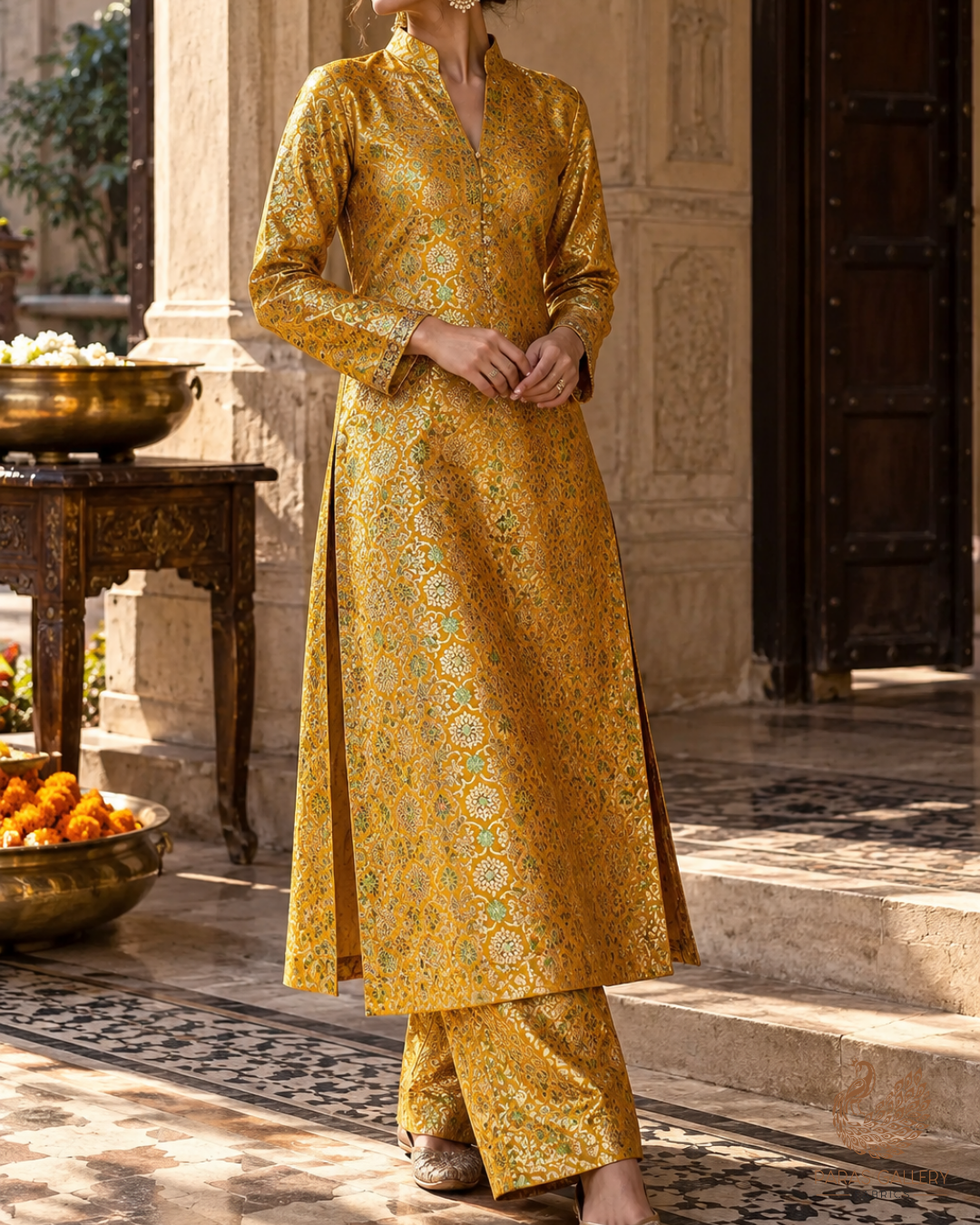 Mustard Banarasi Brocade Fabric With All Over Thread And Golden Zari Handloom 23862