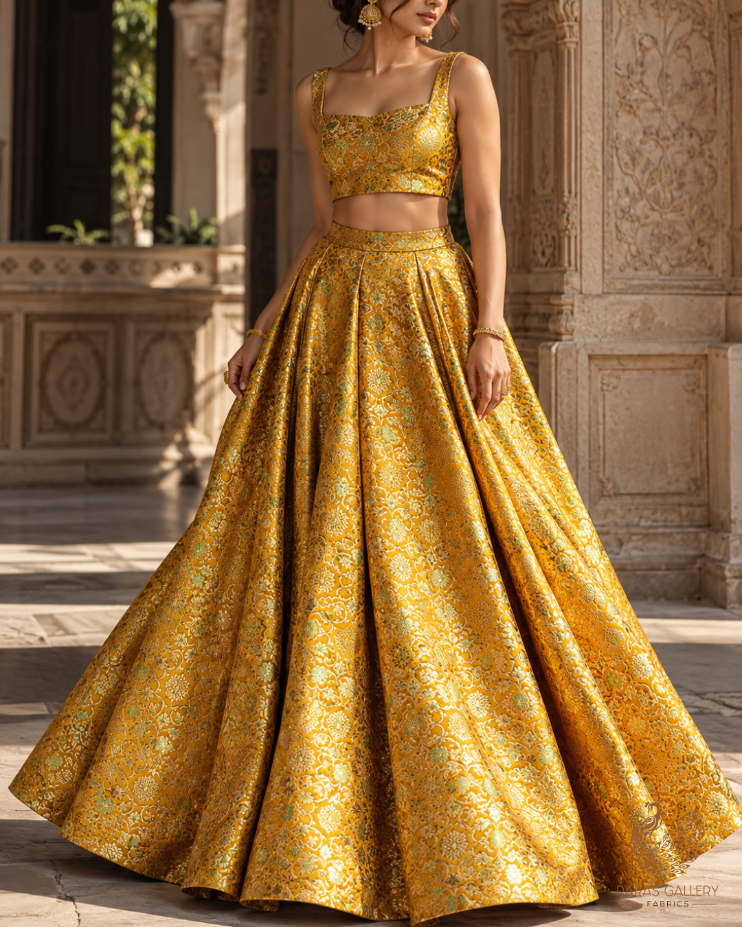 Mustard Banarasi Brocade Fabric With All Over Thread And Golden Zari Handloom 23862
