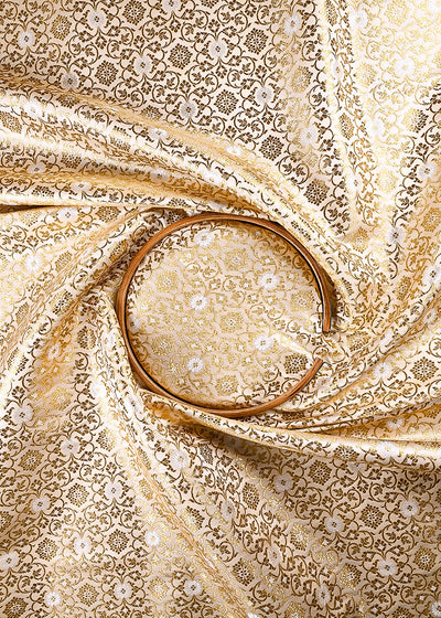 Off White Banarasi Brocade Fabric With All Over Thread And Golden Zari Handloom 23864
