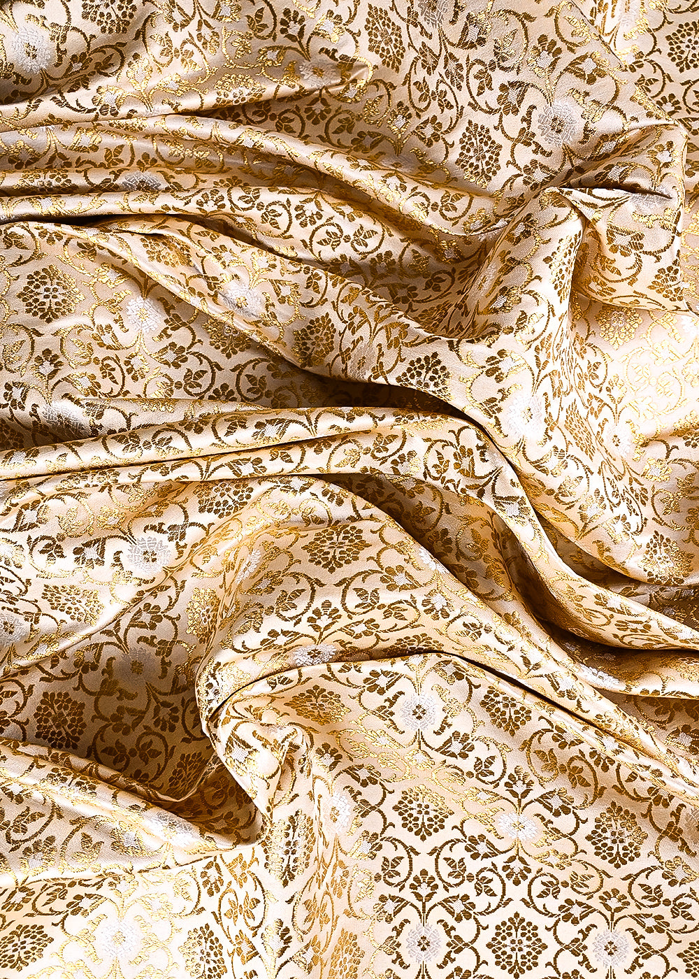 Off White Banarasi Brocade Fabric With All Over Thread And Golden Zari Handloom 23864