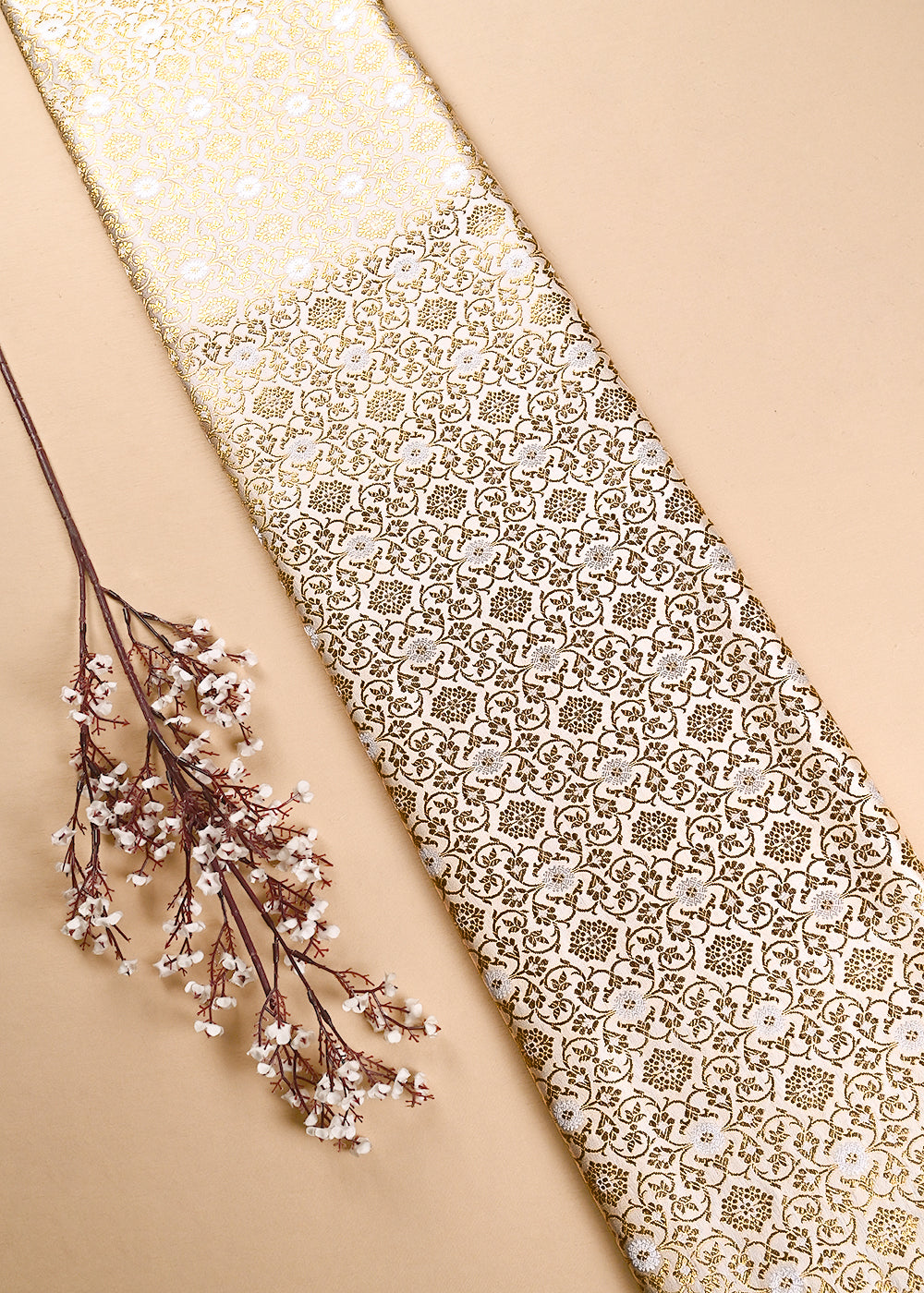 Off White Banarasi Brocade Fabric With All Over Thread And Golden Zari Handloom 23864