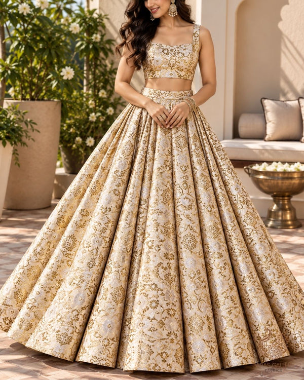 Off White Banarasi Brocade Fabric With All Over Thread And Golden Zari Handloom 23864