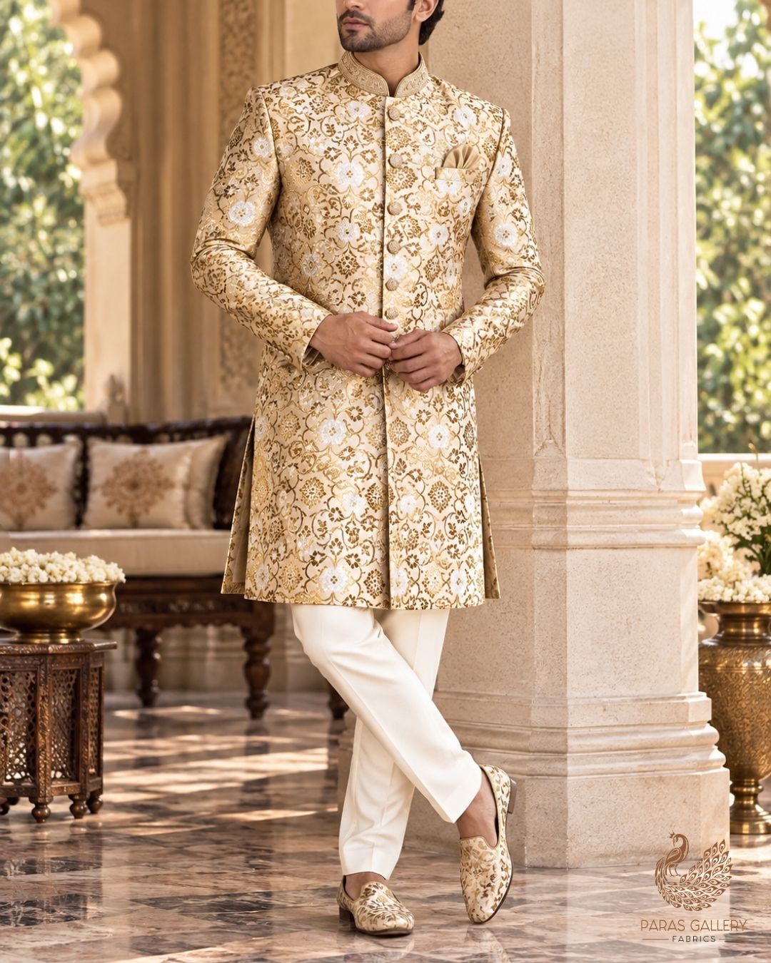 Off White Banarasi Brocade Fabric With All Over Thread And Golden Zari Handloom 23864