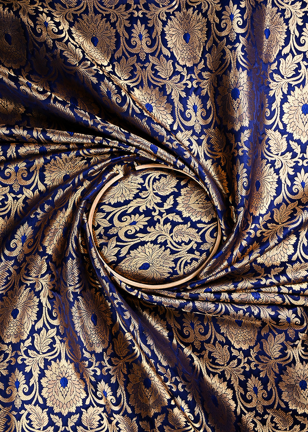 Navy Blue Banarasi Brocade Fabric With All Over Thread And Zari Handloom 23865