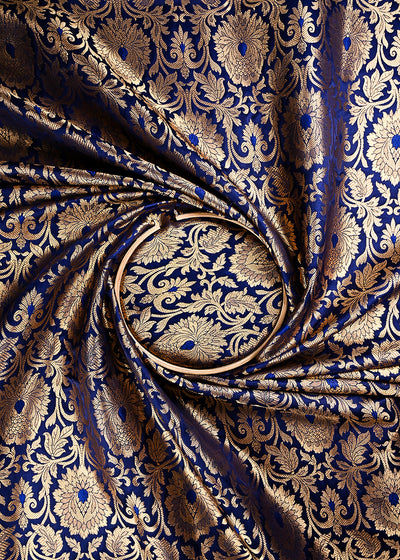 Navy Blue Banarasi Brocade Fabric With All Over Thread And Zari Handloom 23865