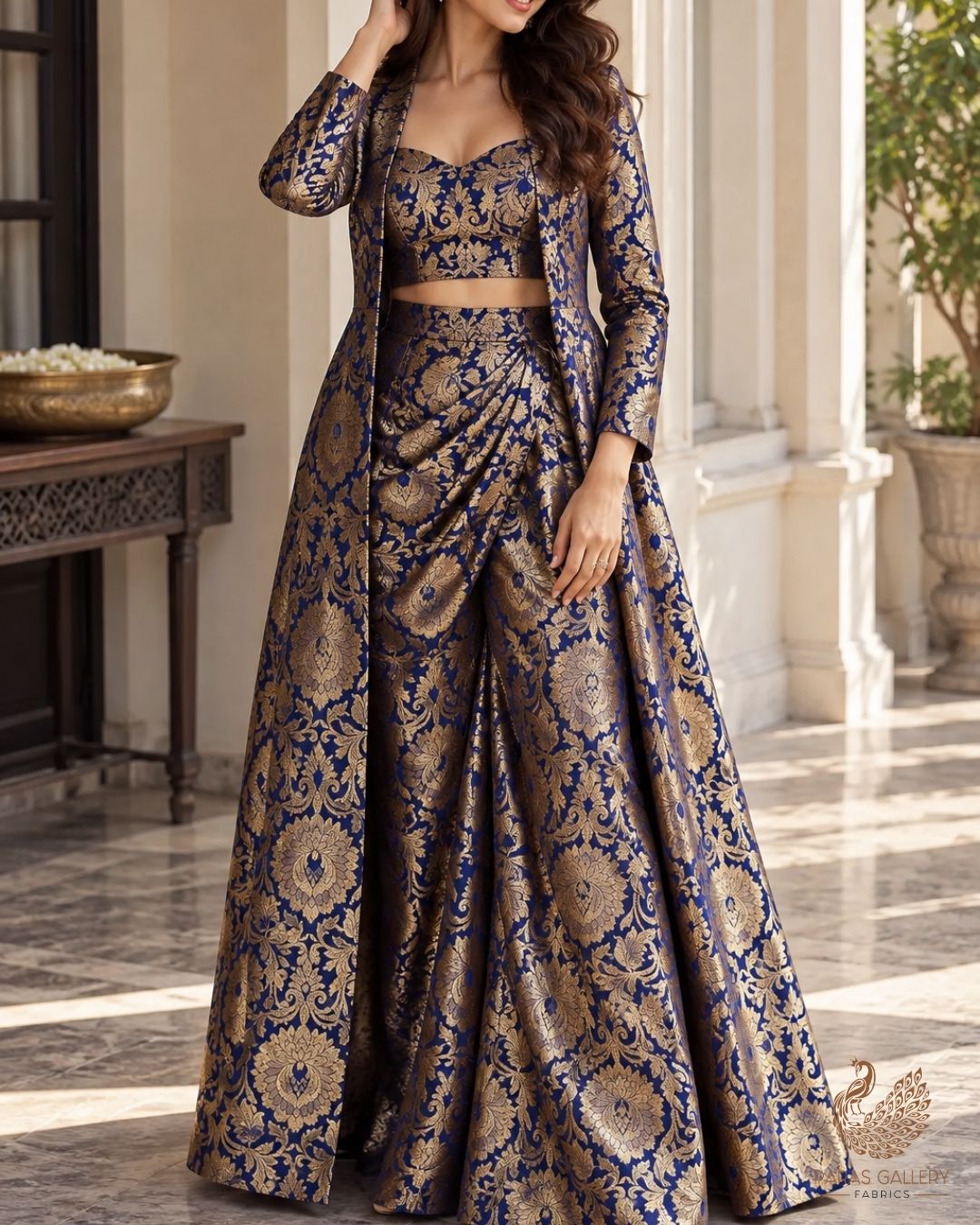 Navy Blue Banarasi Brocade Fabric With All Over Thread And Zari Handloom 23865