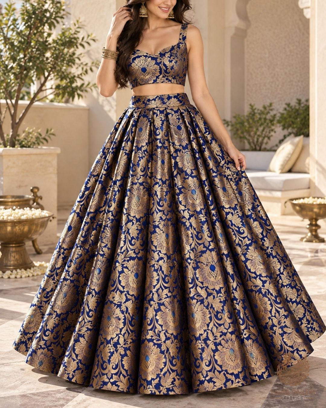 Navy Blue Banarasi Brocade Fabric With All Over Thread And Zari Handloom 23865