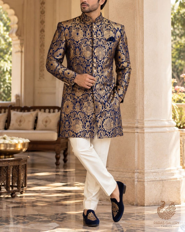 Navy Blue Banarasi Brocade Fabric With All Over Thread And Zari Handloom 23865